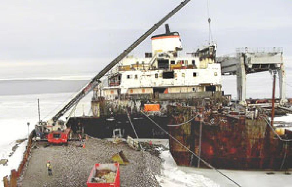 Dismantling of the Kathryn Spirit began a few weeks ago. The cutting operations—underway in the photo—will make it possible to reclaim the metal for resale.