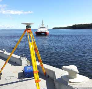 A CHS team conducts a survey off the Havre-Saint-Pierre wharf aboard the CCGS Frederick G. Creed. This vessel is equipped with a multibeam echosounder.