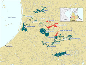 Carte illustrant l'aire de répartition des phoques communs au Nunavik