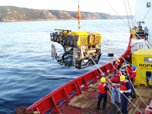The remote-controlled submersible ROPOS being deployed off the coast of Cape Breton