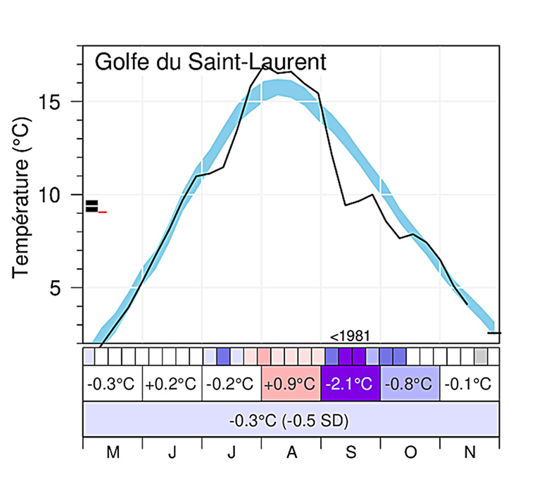 Moyennes mensuelles de mai à novembre de la température de surface pour le golfe. 