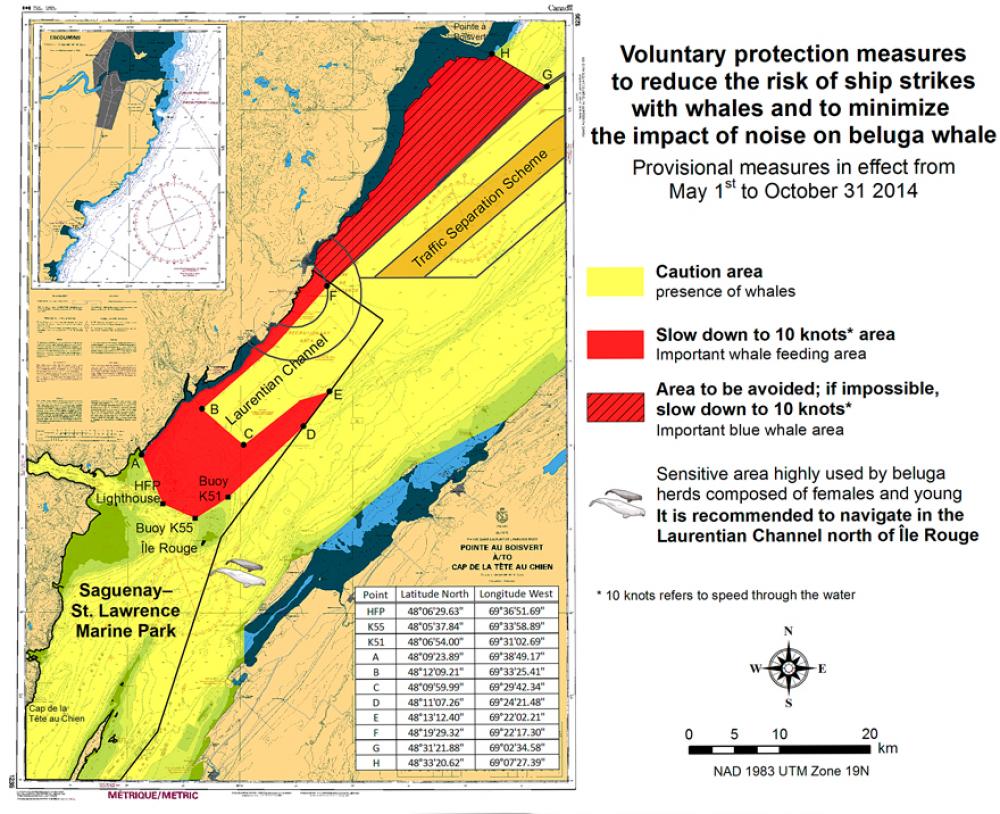 Map of St. Lawrence Estuary for voluntary protective measures to redue risk of collisions with rorquals and minimize the impact of noise on belugas
