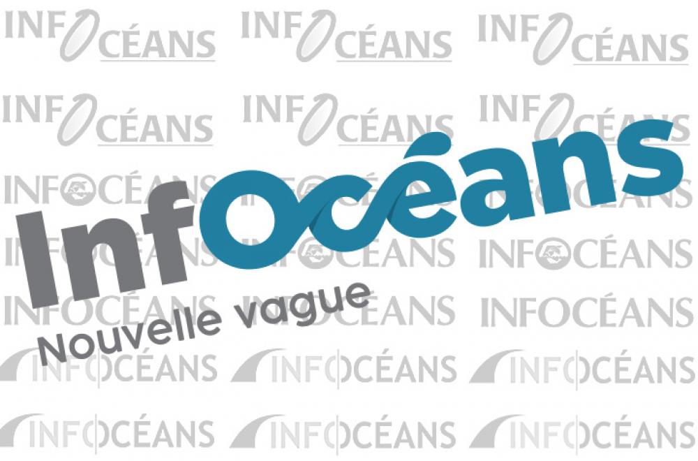 La nouvelle signature graphique d’Infocéans, nouvelle vague. En filigrane, les quatre anciennes signatures d’Infocéans. 