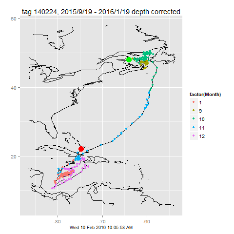 Figure 4: Migration route of a Bluefin Tuna tagged near Shippagan, NB in September of 2015.